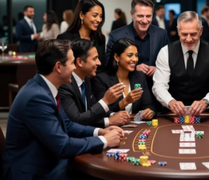Hosté u pokerového a ruletového stolu během kasinové párty