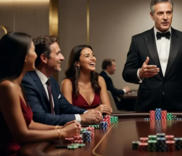 Profesionální dealer a moderátor u pokerového stolu během společenské akce