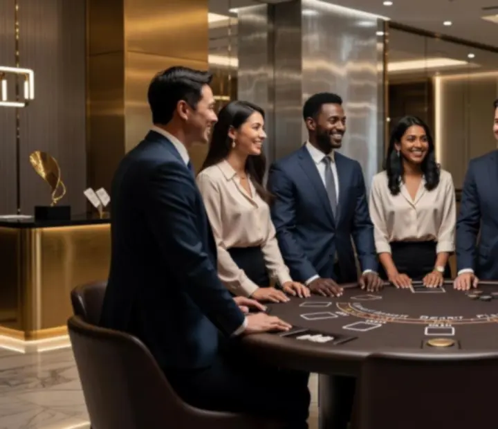 Hosté hrají blackjack u mobilního stolu během teambuildingu